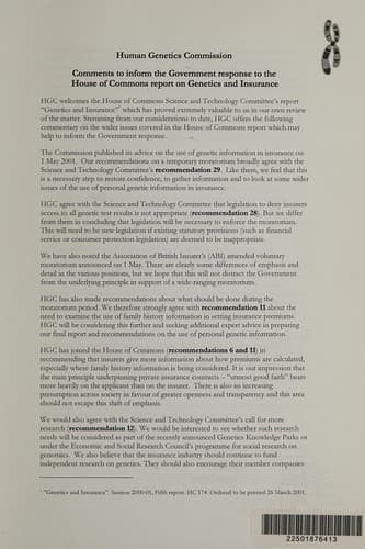 Comments to inform the Government response to the House of Commons report on genetics and insurance
