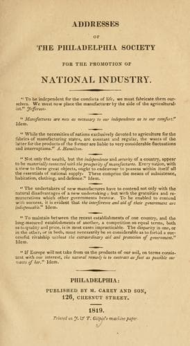 Addresses of the Philadelphia Society for the Promotion of National Industry