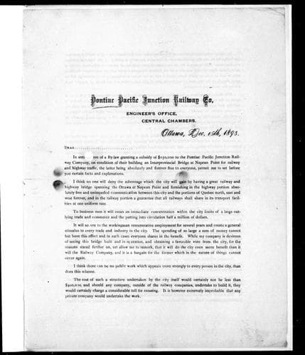 [ Circular letter from the president], Pontiac Pacific Junction Railway Co. ... Ottawa, Dec. 15th, 1893